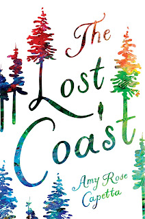 Rainbow text and outlines against a white background show a sketch of some trees with "THE LOST COAST" and "Amy Rose Capetta" visible against the white.