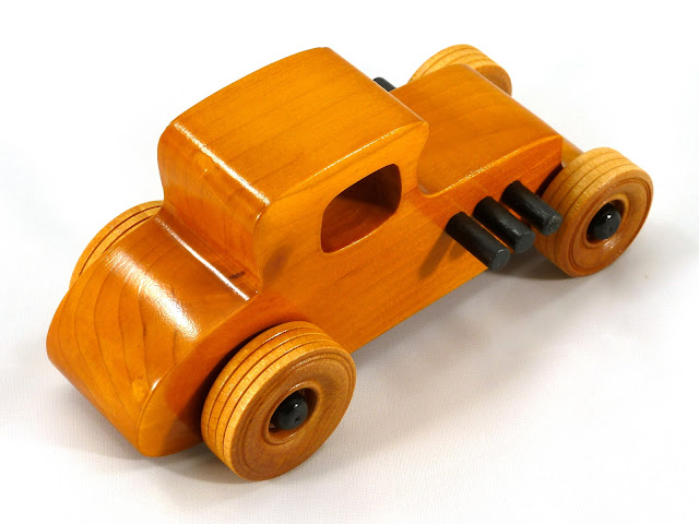 Wooden Toy Car Hot Rod Freaky Ford 27 TCoupe Pine Amber Shellac Black Hubs