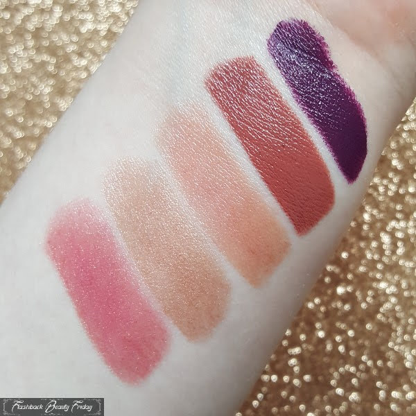 swatches of Versace Wet Lipgloss and Hydrating Lipsticks on pale skin