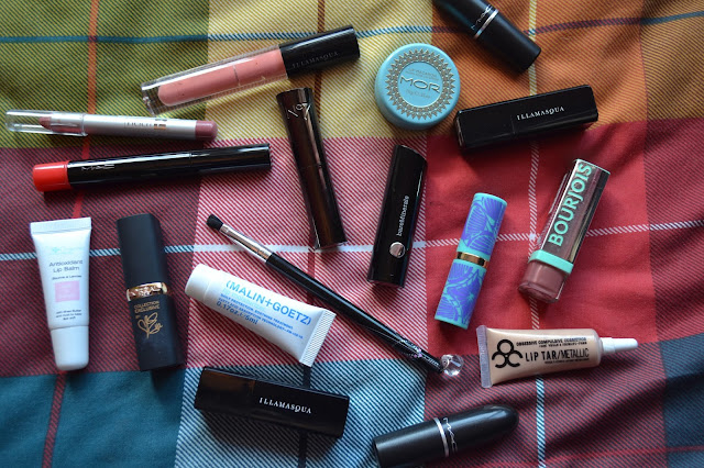 MAC, Illamasqua, L'oreal, Clinique, Bourjois, Helen E, MOR, No. 7, Bare Minerals, Malin & Goetz and Obsessive Compulsive Cosmetics lip make up