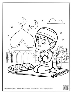 This coloring page depicts a young Muslim boy in prayer, encouraging children to understand the importance of prayer in their daily lives