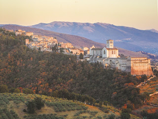 Sunset on the Basilica of St. Francis in Assisi, Italy