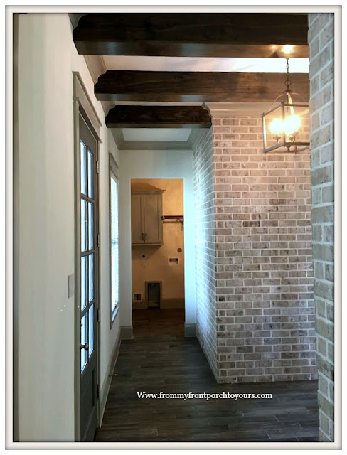 Model- Home-Tour-French-Flare-Foyer-Interior Brick-Wood Beams-From My Front Porch To Yours