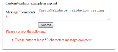 CustomValidator vaidation control example in asp.net