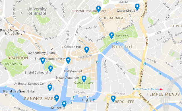 mapa con los lugares de interés en Bristol