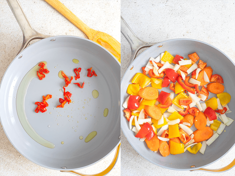 Step by step pictures of heating up the hot pepper in oil then adding in the chopped vegetables.