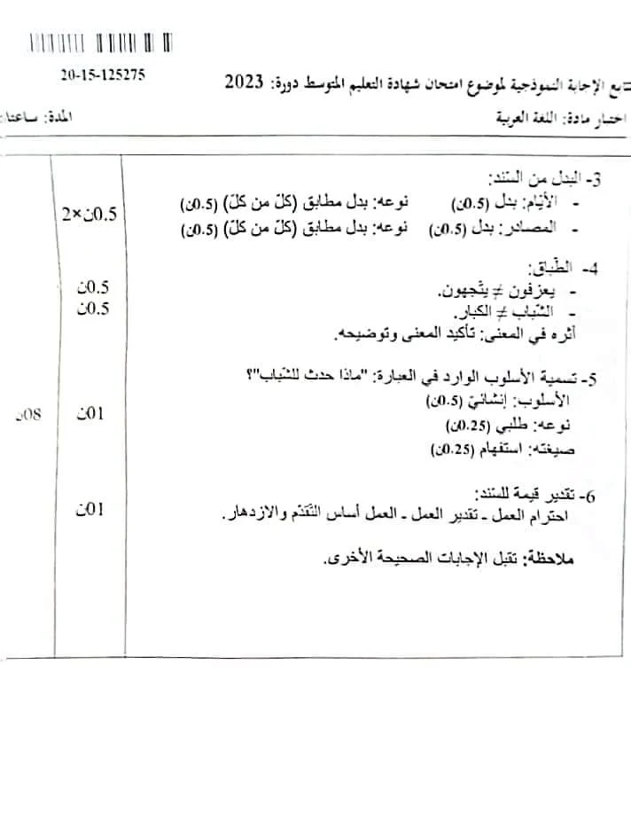 التصحيح الوزاري لامتحان اللغة العربية _شهادة التعليم المتوسط دورة 2023_