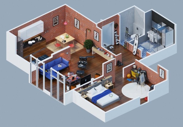 Gambar Denah Apartemen 3D Sederhana Modern