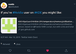 Tweet announcing nvidia-gpu-sensor.pl - An Nvidia Sensor For KDE Plasma