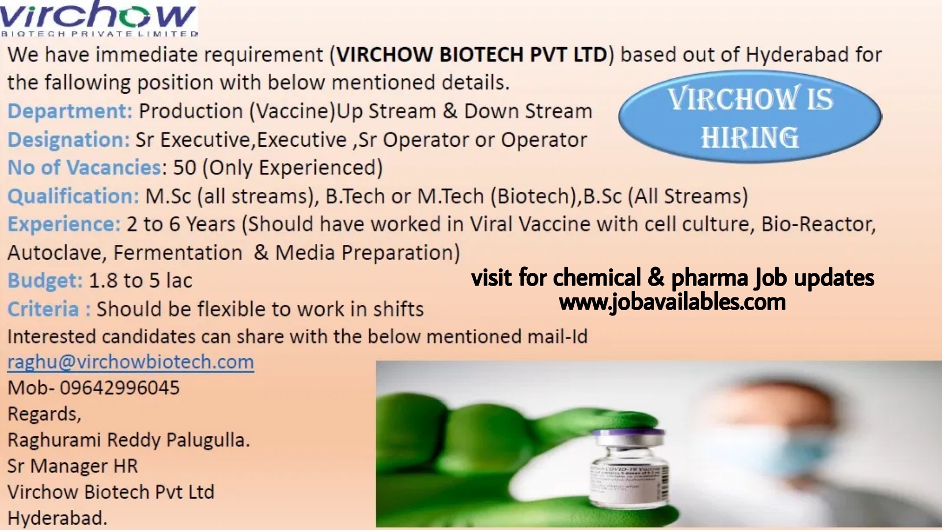 Job Availables, Virchow Biotech Pvt Ltd Job Opening for Msc ( All Streams) / B.Tech/ M.Tech ( Biotech) / Bsc( All Streams) - Production Dept