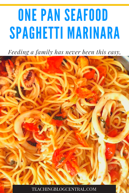 Looking for an easy weeknight meal to feed a family? I love ordering Seafood Spaghetti Marinara One Pan out at restaurants but I never know how they can pull off all these ingredients in a short time. I know they have a system. 