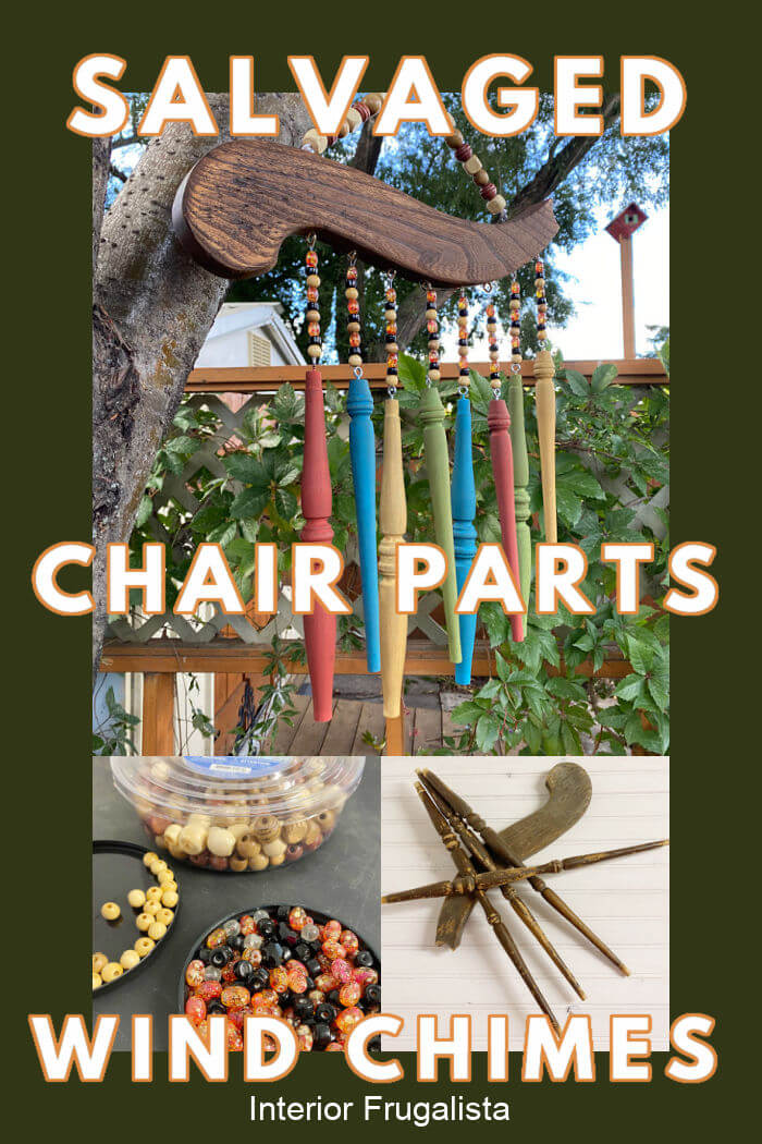 How to repurpose salvaged spindles and an arm from an old wooden chair into rustic outdoor chair spindle wind chimes that cost very little to make. #spindlewindchimesdiy #woodenwindchimesdiy #windchimesdiy #repurposedchairsdiy