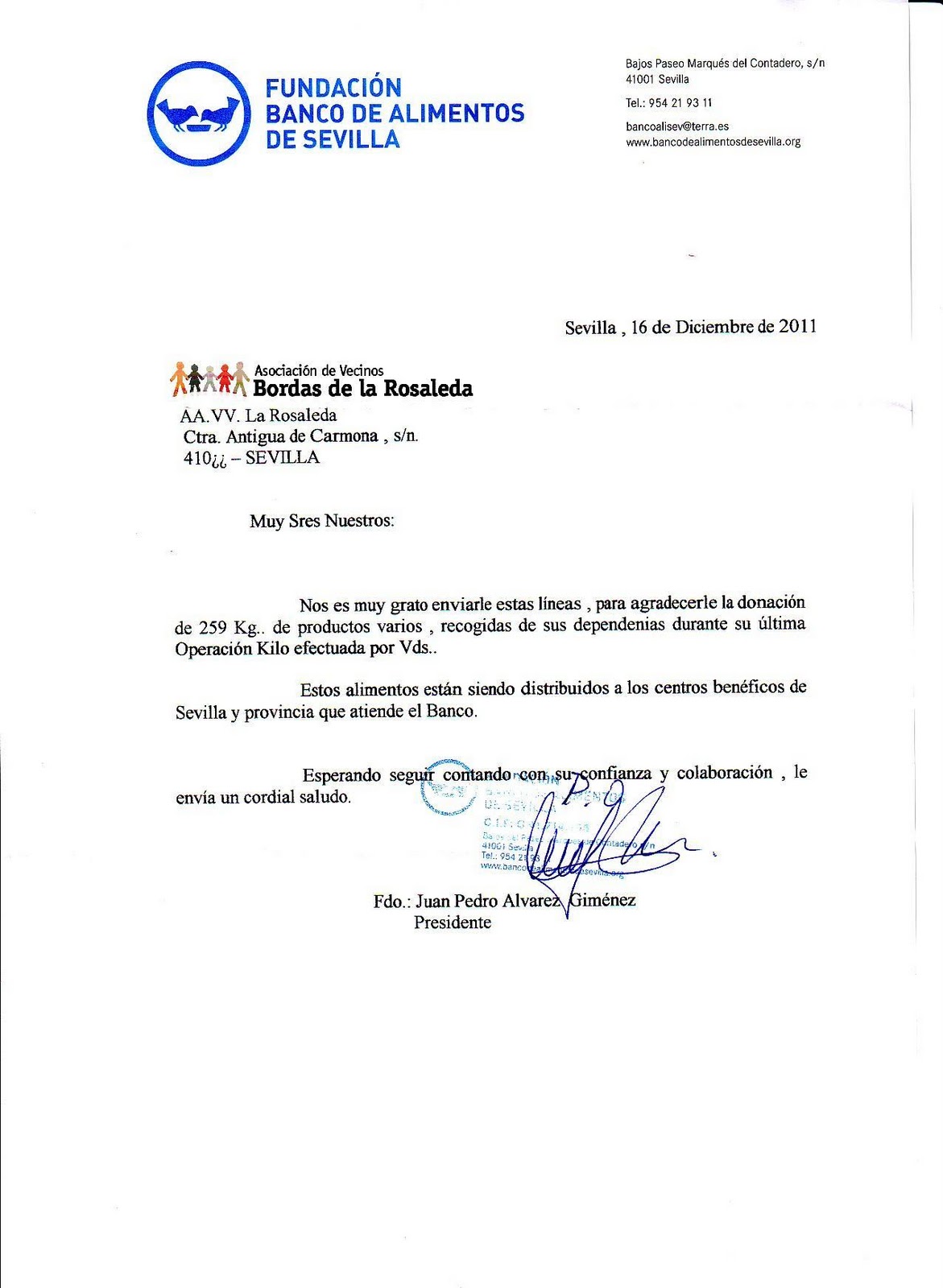 BORDAS DE LA ROSALEDA: Carta de agradecimiento de la 