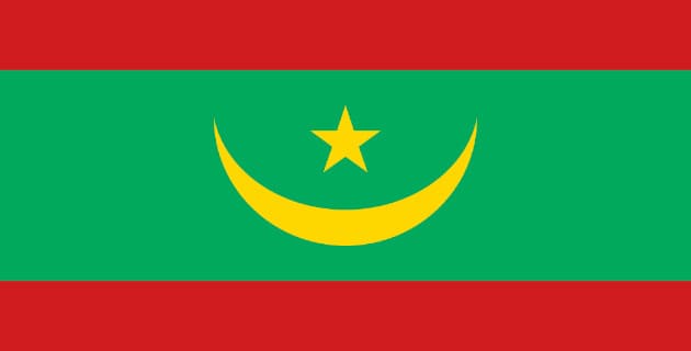 علم موريتانيا أخضر يتوسطه هلال ونجم باللون الذهبي وعلى جانبيه شريطان أفقيان مستطيلان أحمرَ اللون