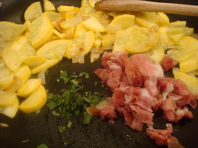 squash, sage, and prosciutto in pan