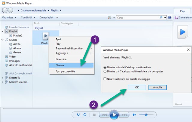 eliminare le playlist da windows media player
