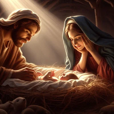 Mary and Joseph are lovingly gazing at Baby Jesus, who was born in a stable.