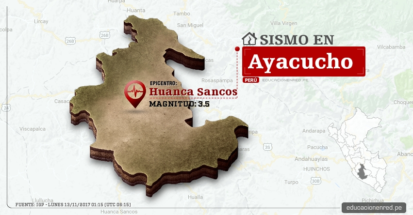 Temblor en Ayacucho de 3.5 Grados (Hoy Lunes 13 Noviembre 2017) Sismo EPICENTRO Huanca Sancos - IGP - www.igp.gob.pe