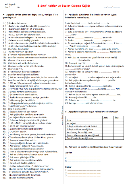 8.Sınıf Asitler ve Bazlar Çalışma Kağıdı