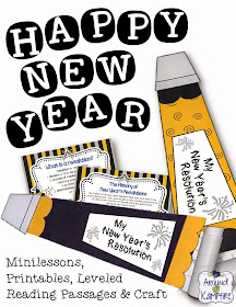 New Year's party horn writing craft with minilessons on the history of the New Year celebration, defining a resolution, and leveled reading passages.