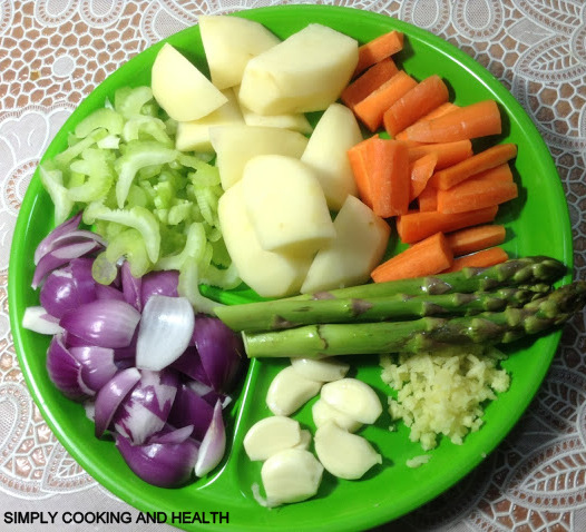   Celery,potato,carrot,asparagus, ginger,garlic,onion.