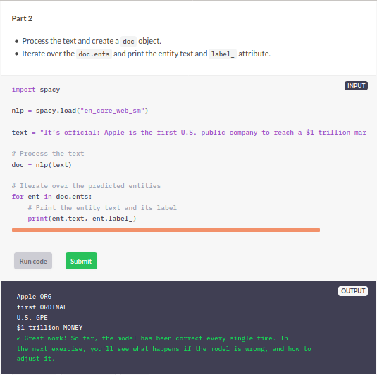 spacy ner entity tagging usage example code snippet