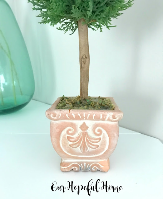 cypress topiary fleur de lis detail on terra cotta pot