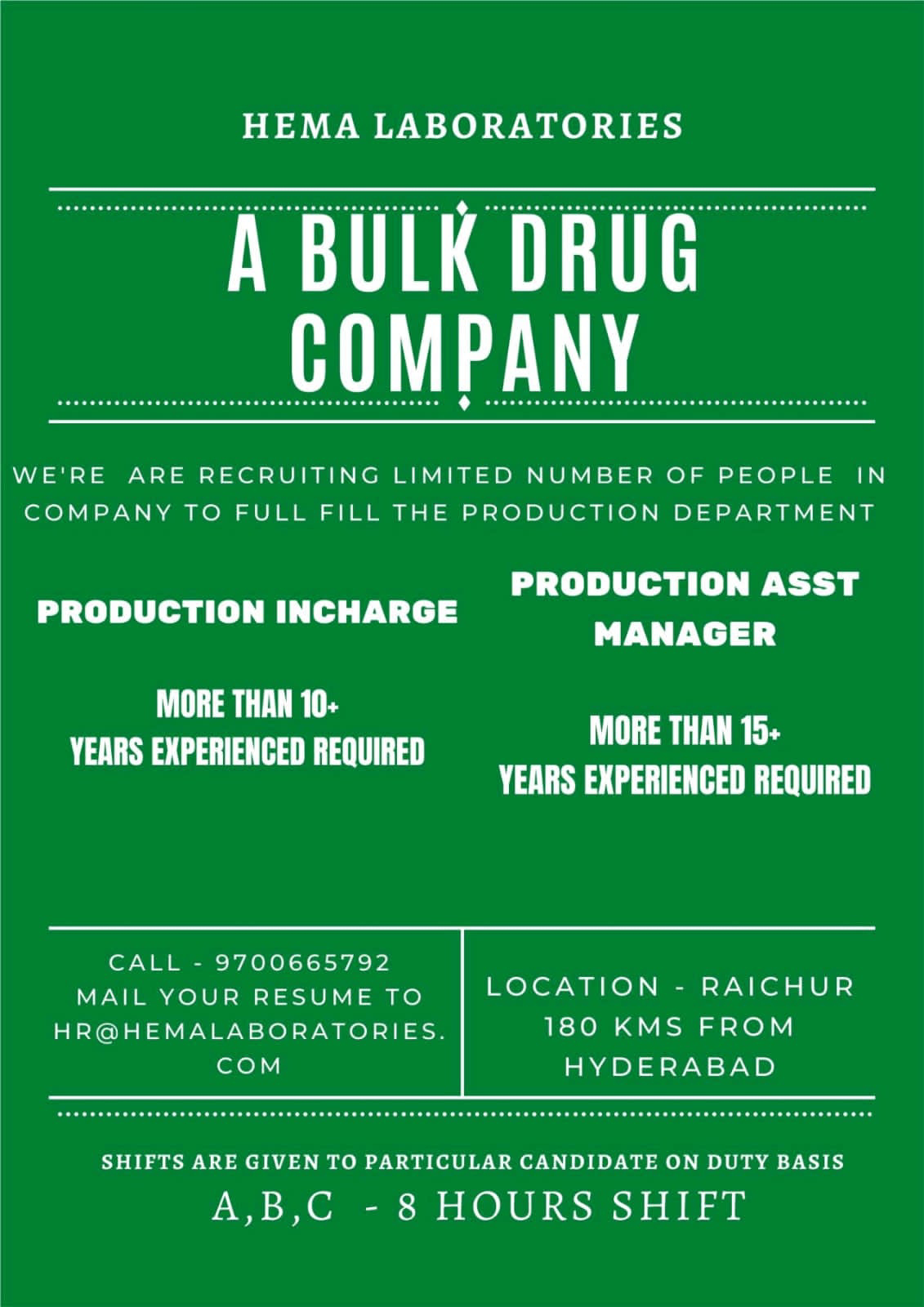 Job Availables for Hema Laboratories Job Vacancy for Production Department