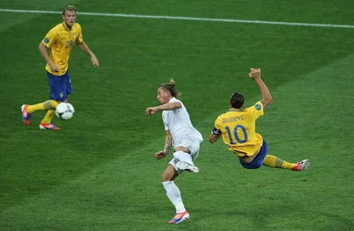 Sweden striker Zlatan Ibrahimović scores against France with an acrobatic scissor kick