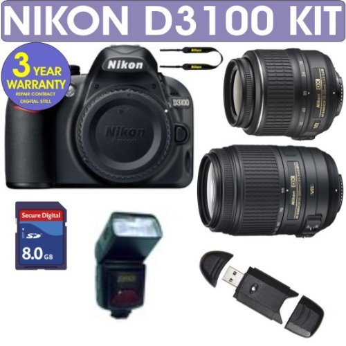 REFURBISHED NIKON D3100 DIGITAL SLR CAMERA + NIKON 18-55mm VR LENS + NIKON 55-300mm VR LENS + 8GB MEMORY + D900 FLASH FOR NIKON + MEMORY CARD READER+ 3 YEAR CELLTIME WARRANTY