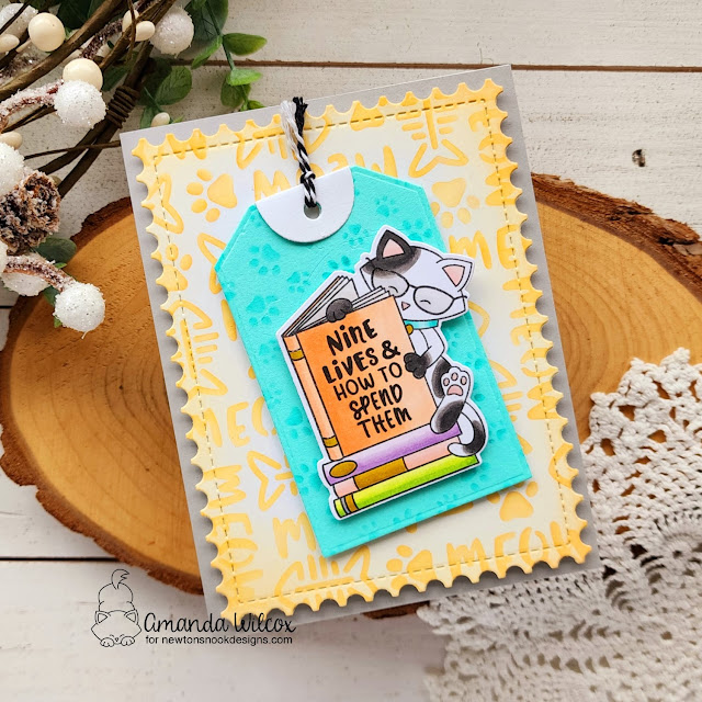 Cat Reading Book Card by Amanda Wilcox | Newton's Reading List Stamp Set, Fancy Edges Tag Die Set, Framework Die Set, Meow Stencil and Petite Paw Prints Stencil by Newton's Nook Designs