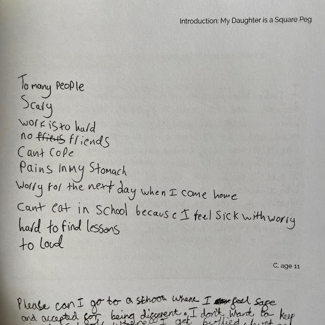 handwritten note list: too many people, scary, work is to hard, no friends, can't cope, pains in my stomach, worry for the next day when i come home, can't eat in school