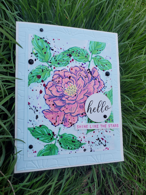 Multicolored peony hand-made greeting card with pink ink splatters. The card sentiments read "Hello. Shine like the Stars". Card is in green, spring grass