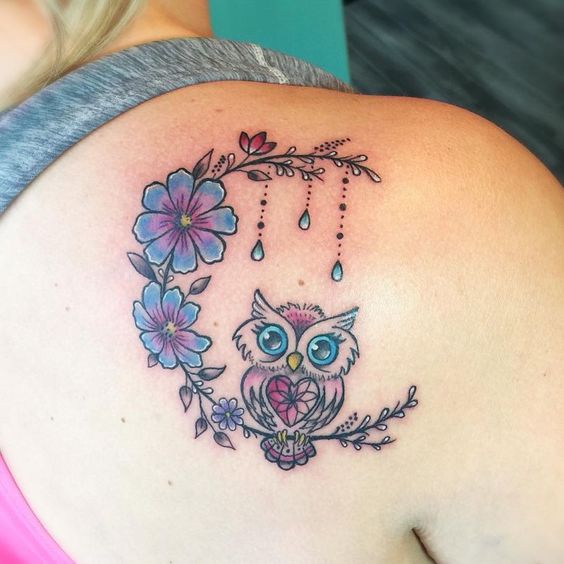 colourful-Owl-with-Flowers-Back-Shoulder-Tattoo