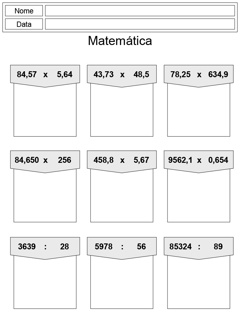 Contas de Multiplicar e dividir para o 5 ano