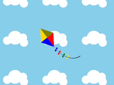 Screenshot of the final product, of the CSS-drawn kite on a cloudy background