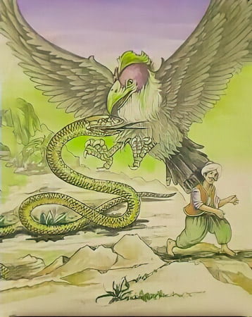 Fight between snake and the eagle behind Sindbad.  the fantastic voyages of sindbad the sailor,story for kids to read,sindbad the sailor story,Bedtime stories,sindbad the sailor story in english,bedtime stories,baby's stories,sindbad the sailor story summary,