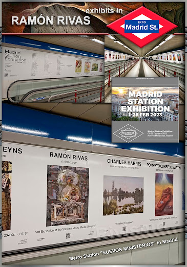 Estación de Metro de Madrid “NUEVOS MINISTERIOS", en donde se celebra la exposición. Entre las obras expuestas, la de Ramón Rivas