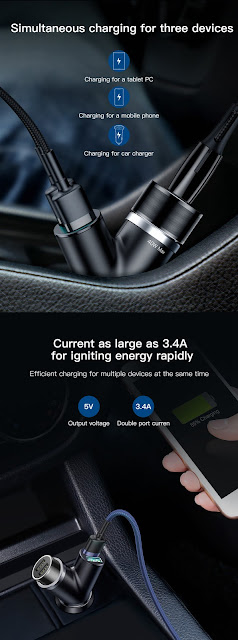 Baseus Y Type Dual USB Ports+Cigarette Lighter Extended Fast Car Charger For Smart Phone Tablet 