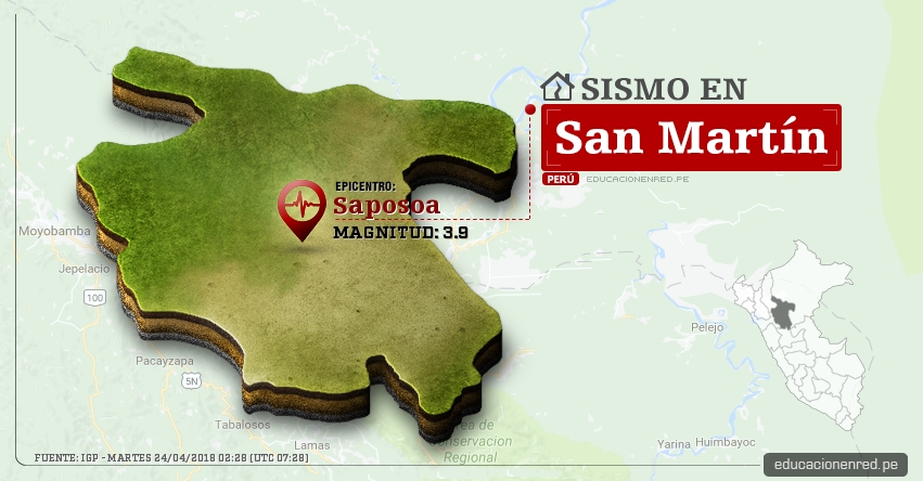 Temblor en San Martín de magnitud 3.9 (Hoy Martes 24 Abril 2018) Sismo EPICENTRO Saposoa - Huallaga - IGP - www.igp.gob.pe