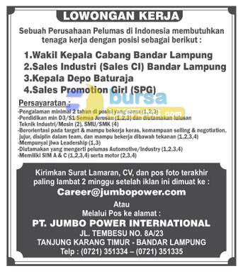 Recruitment PT. Jumbo Power International