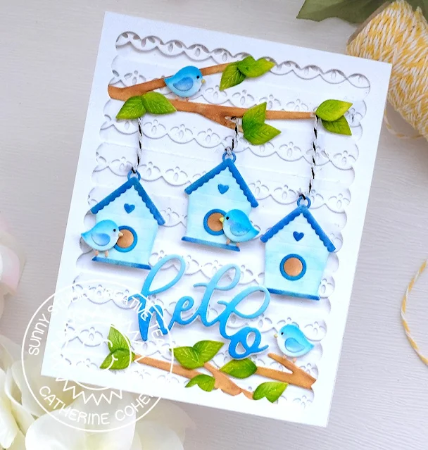 Sunny Studio Stamps: Ribbon & Lace Die Focused Everyday Card by Catherine Cohen (featuring Out On A Limb Dies, Frilly Frame Dies, Build-A-Birdhouse)