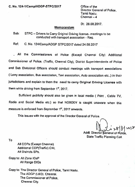 Drivers to Carry Original Drivings License from 01.09.2017 -Reg 