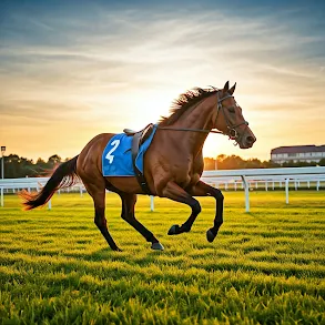 A horse racing on a track with a beautiful sky in the background.