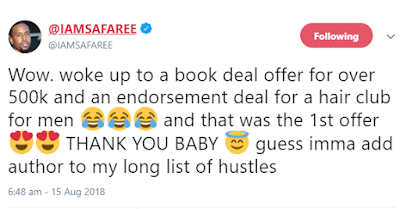 Nicki Minaj's ex, Safaree Samuels, gets a book deal and an endorsement deal for a hair club for men after his online feud with the YMCMB rapper.   The online fallout resulted in unverified allegations from both parties including: theft, domestic violence and murder attempt and Nicki ultimately savaging Safaree for his residing hairline.     Happy to the news, Safaree tweeted:  "Wow. woke up to a book deal offer for over 500k and an endorsement deal for a hair club for men ??? and that was the 1st offer ?? THANK YOU BABY ? guess imma add author to my long list of hustles."