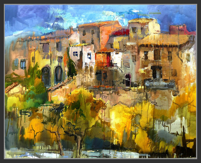 VIMBODI-PINTURA-PANORAMICA-POBLE-MUSEU-FORN-DEL VIDRE-CASES-ARBRES-CEL-ARTISTA-PINTOR-ERNEST DESCALS