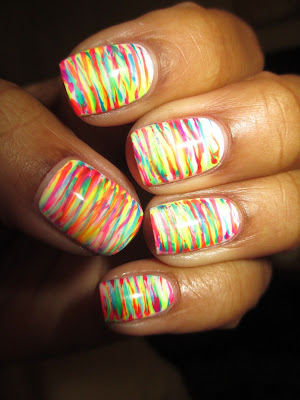 fan brush, neon, highlighter, stripes, bright, colorful, fun, nail art, nail design, mani