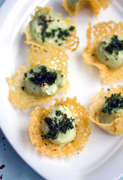 Cheddar Cups with Avocado Feta Mousse