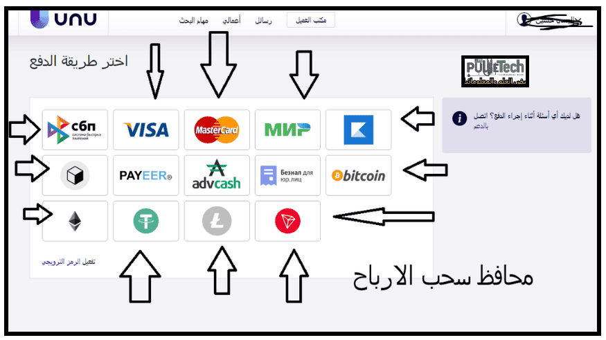 طرق سحب الارباح على موقع UNU