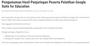 Pengumuman Hasil Penjaringan Peserta Pelatihan Google Suite for Education